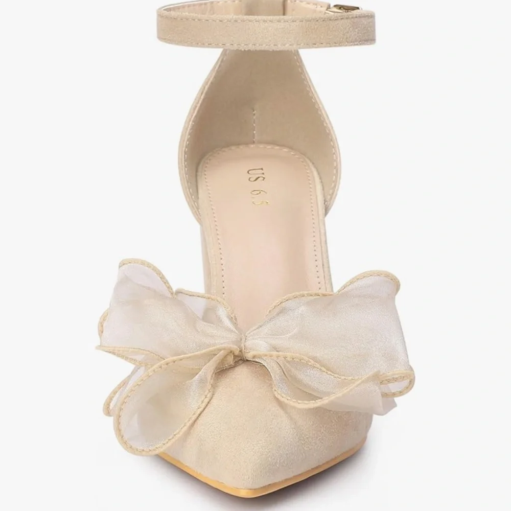 Allegra K Cream Block Heel Shoes with Sheer Bow